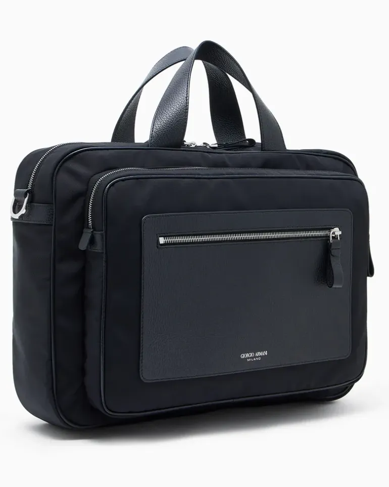 Aktentasche aus Nylon und vollnarbigem Leder Schwarz
