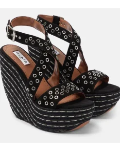 Alaïa Verzierte Wedge-Sandalen aus Veloursleder Schwarz