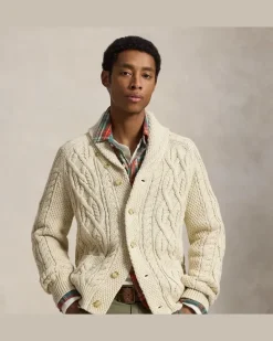 Aran-Baumwollstrickjacke mit Schalkragen Cream