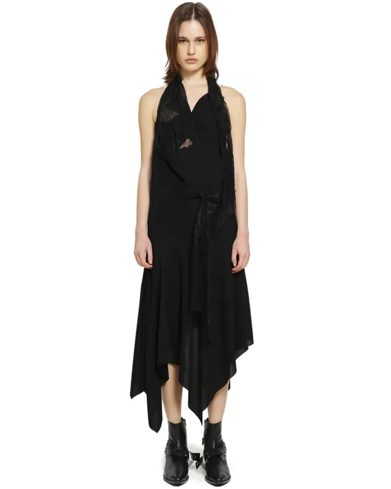 Asymmetric Lace Slip Dress Black