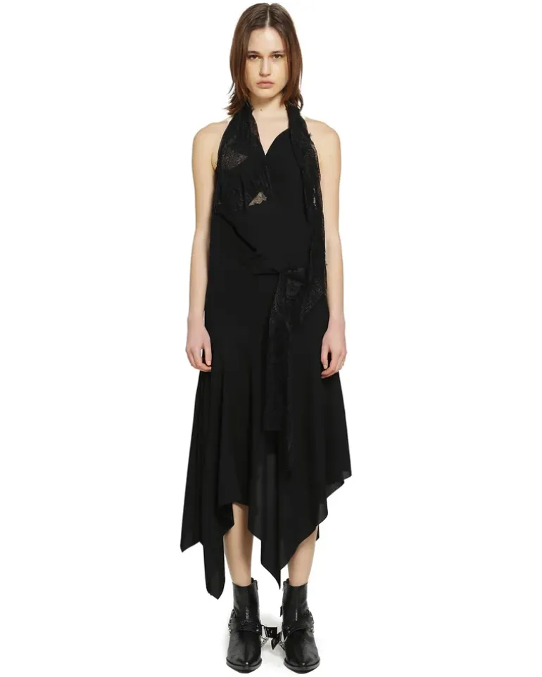 Asymmetric Lace Slip Dress Black
