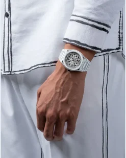 Automatische Uhr Skeleton White Sketch mit Stahlgehäuse und Saphirglas Weiß