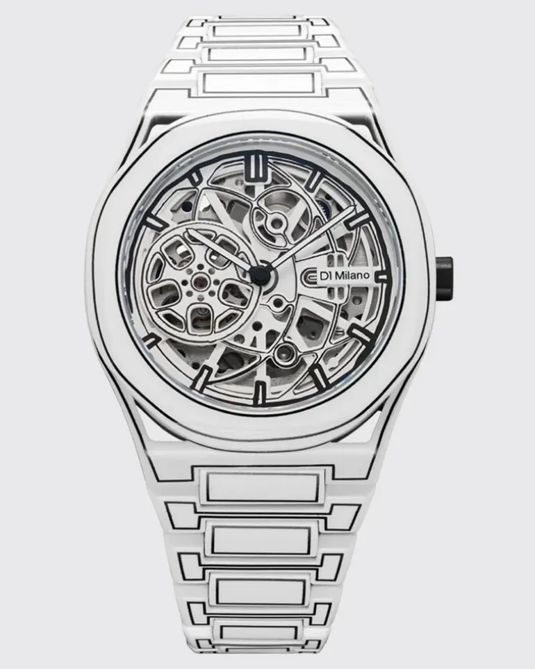 Automatische Uhr Skeleton White Sketch mit Stahlgehäuse und Saphirglas Weiß