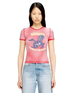 Baumwoll-Stretch-T-Shirt mit Pferde-Print - Oberteile - Damen - Rot
