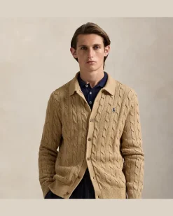 Baumwollstrickjacke mit Zopfmuster Brown