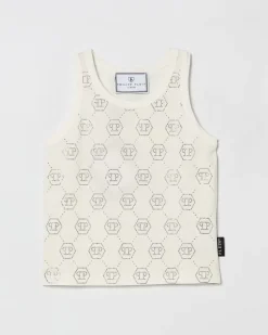 Baumwoll Tanktop mit Strass Monogramm Weiß