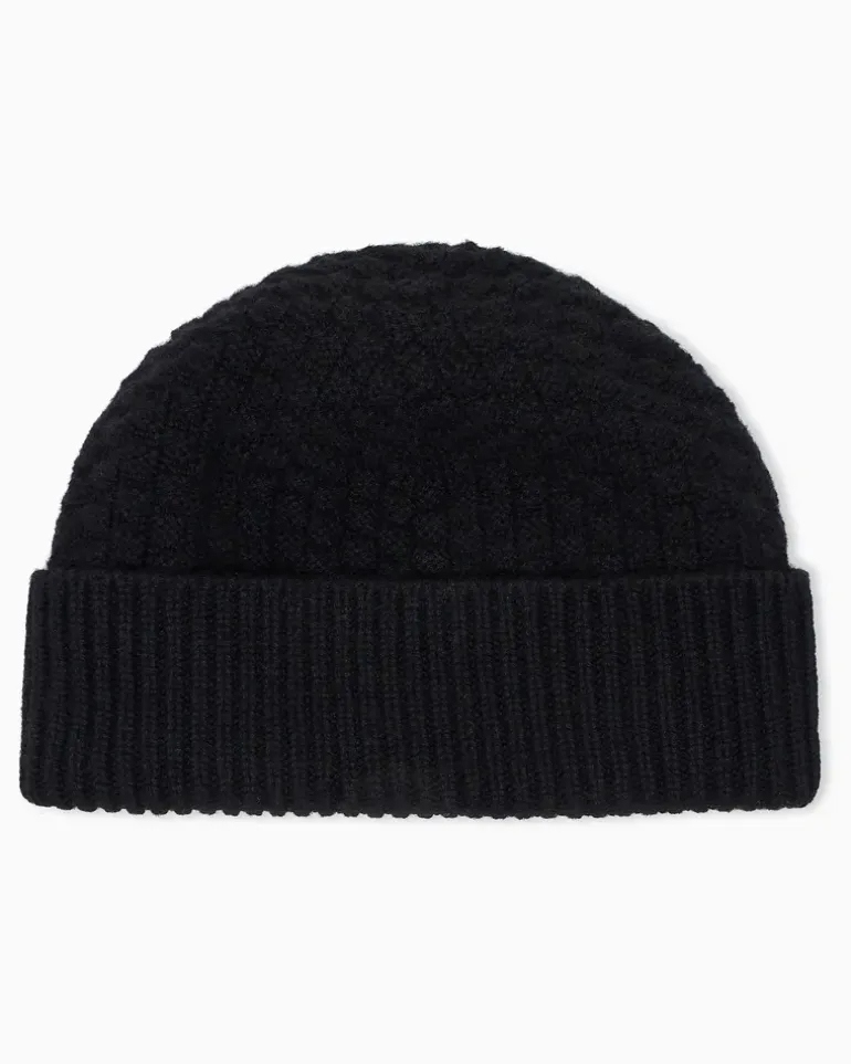 Beanie aus Kaschmir im Kästchenmuster mit Rippumschlag Schwarz