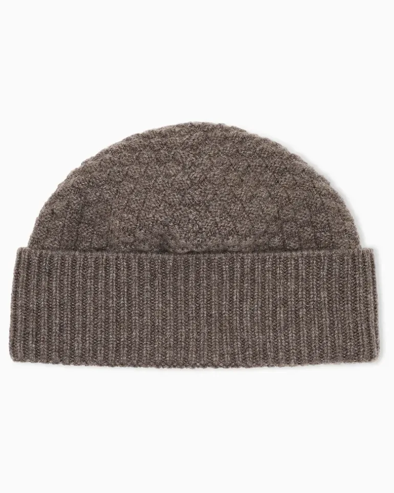 Beanie aus Kaschmir im Kästchenmuster mit Rippumschlag Braun