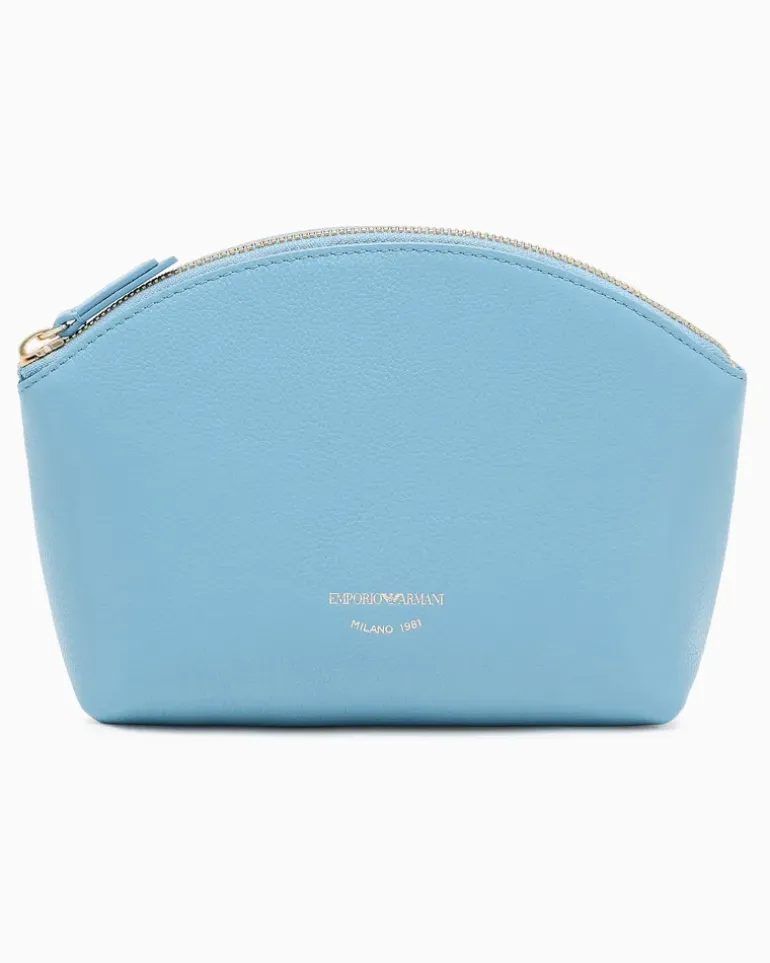 Beauty Case aus genarbtem Leder mit Reißverschluss Hellblau