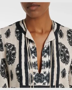 Bedruckter Kaftan aus Leinen Weiß