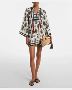 Bedruckter Kaftan aus Leinen Weiß