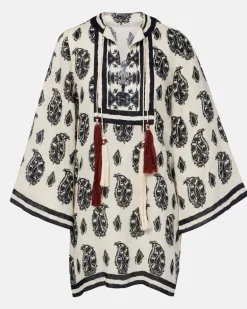 Bedruckter Kaftan aus Leinen Weiß