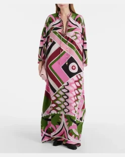 Bedruckter Kaftan Vivara aus Seidensatin Rosa