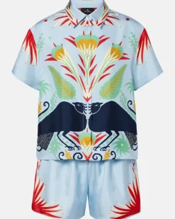 Bedruckter Pyjama aus Seide Blau