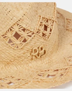 Bestickter Fedora-Hut aus Stroh Beige
