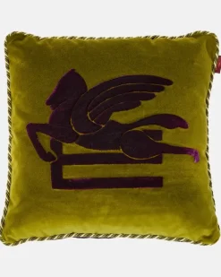 Besticktes Kissen aus Baumwolle und Samt Multicolor
