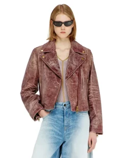 Biker-Jacke aus behandeltem Leder - Lederjacken - Damen - Rot
