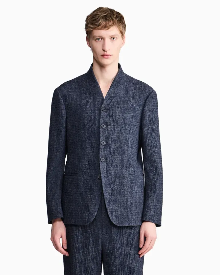 Blazer froissè mit Denim Effekt Schurwolle Seide Kaschmir Blau