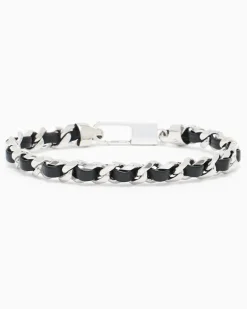 Bracelet geflochtenes Lederarmband mit Silbergliedern Schwarz