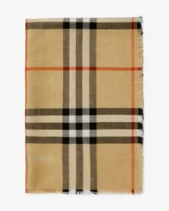 Breiter Woll-Seiden-Schal mit Wendeseite in Check Sand-Beige
