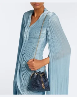 Bucket Bag Bon Bon aus Satin mit Kristallen Blau