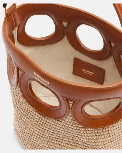 Bucket-Bag Gancini Small aus Raffiabast Braun