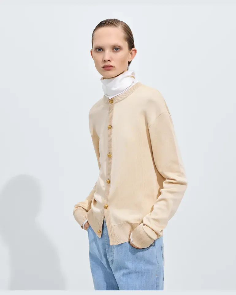 Cardigan aus doppelt gestrickter Seide-Beige - Damen