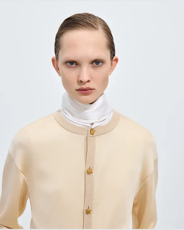 Cardigan aus doppelt gestrickter Seide-Beige - Damen