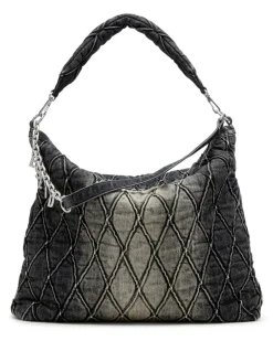 Charm-D-Große Hobo-Tasche aus behandeltem, gestepptem Denim - Schultertaschen - Damen - Schwarz