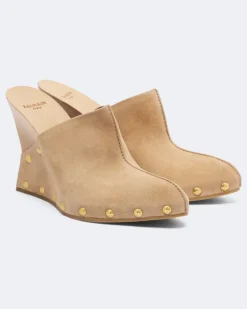 Clogs mit Keilabsatz aus Veloursleder Beige