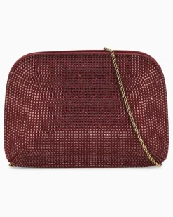 Clutch aus Viskose und Seide mit Strass und Kettenriemen Burgunderrot