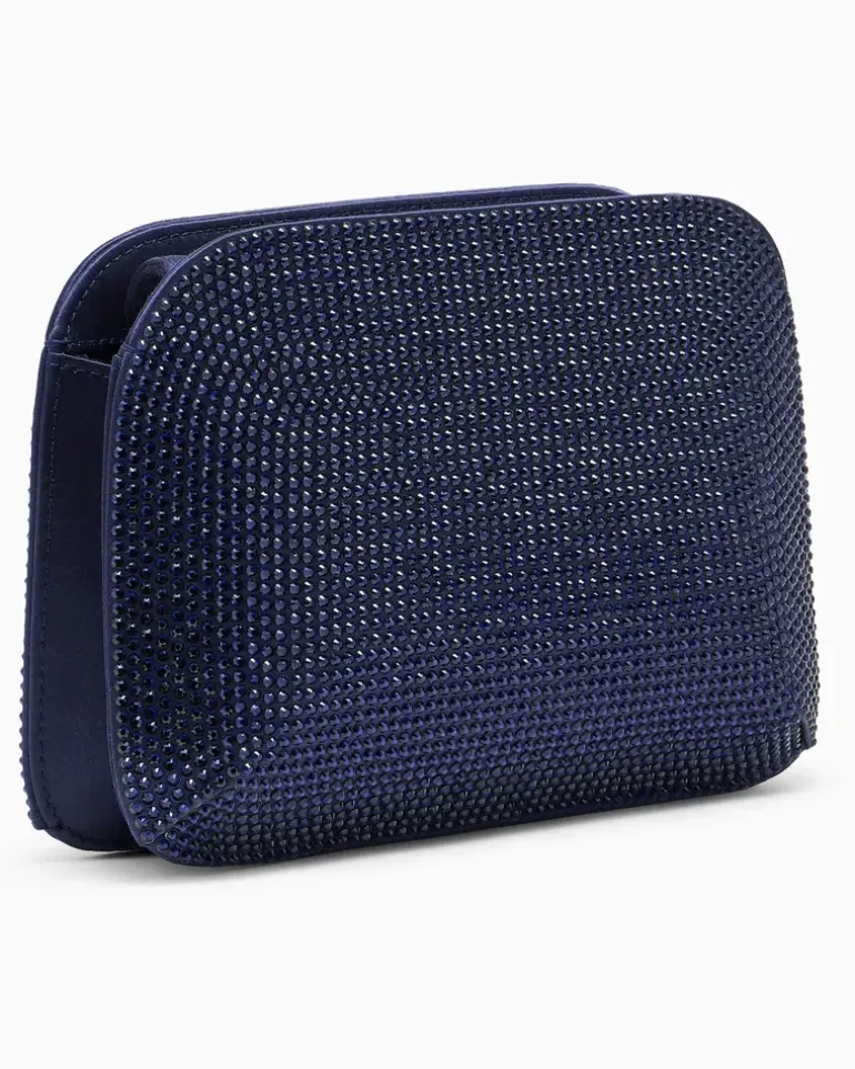 Clutch aus Viskose und Seide mit Strass und Kettenriemen Blau