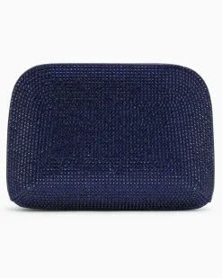 Clutch aus Viskose und Seide mit Strass und Kettenriemen Blau