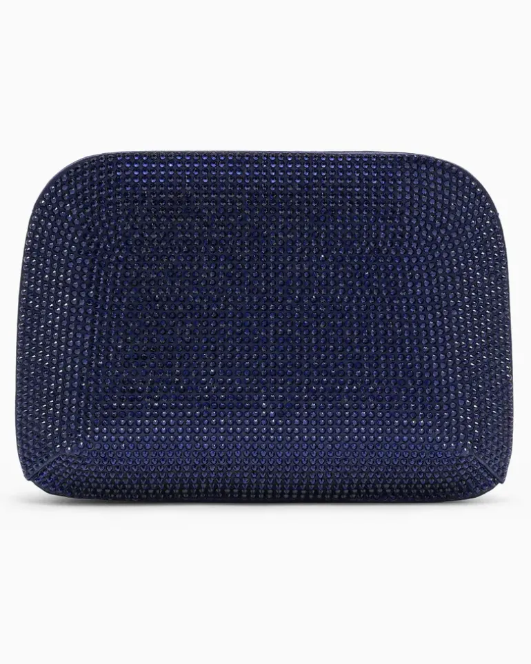 Clutch aus Viskose und Seide mit Strass und Kettenriemen Blau