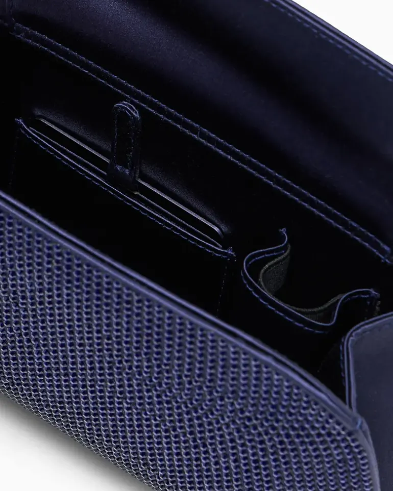 Clutch aus Viskose und Seide mit Strass und Kettenriemen Blau
