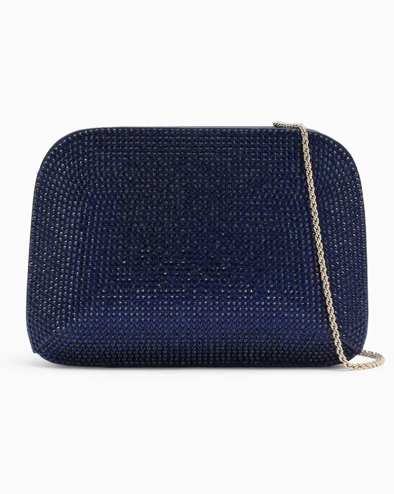 Clutch aus Viskose und Seide mit Strass und Kettenriemen Blau
