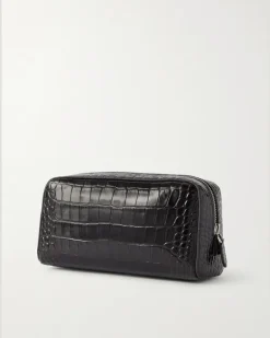 Croc-Effect Leather Wash Bag Brown