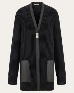 Damen Maxi-Cardigan mit Ledereinfassungen Schwarz