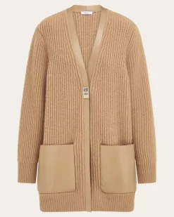 Damen Maxi-Strickjacke mit Lederkanten Beige