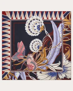 Damen Seidenhalstuch mit Blumen und Schmetterlinge-Print Blau