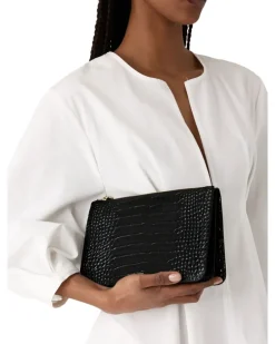 Dreiteilige Clutch aus Leder mit Krokoprägung Black