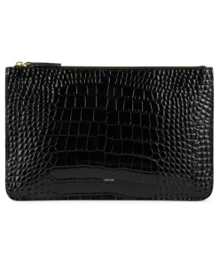 Dreiteilige Clutch aus Leder mit Krokoprägung Black
