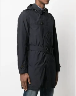 Geknöpfter Trenchcoat mit Kapuze - Blau