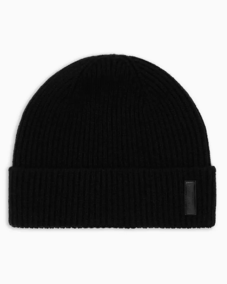 Gerippte nahtlose Beanie aus Kaschmir mit Umschlag Schwarz