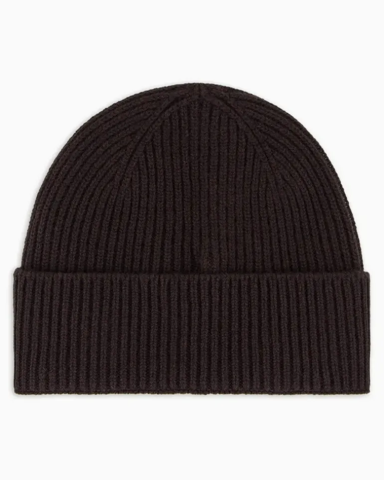 Gerippte nahtlose Beanie aus Kaschmir mit Umschlag Braun