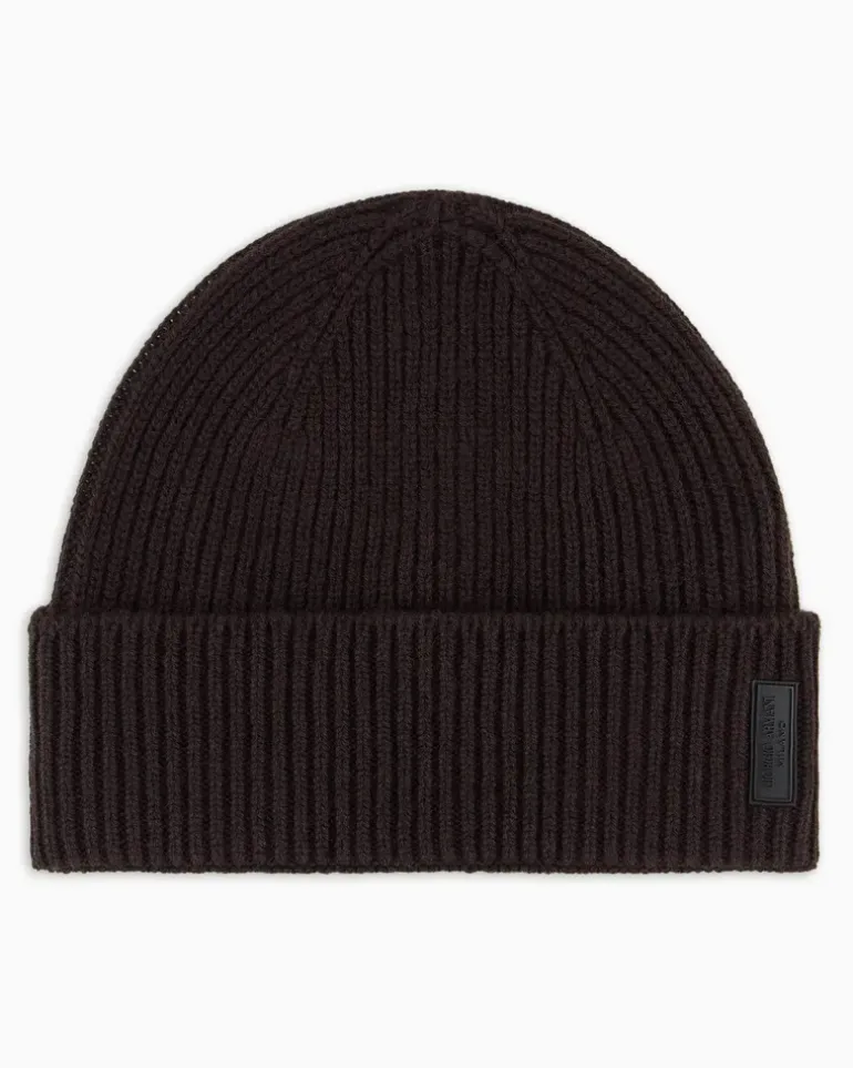 Gerippte nahtlose Beanie aus Kaschmir mit Umschlag Braun