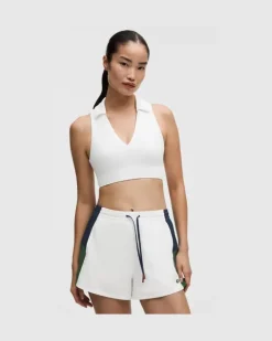 Gerippter Tennis-Longline-BH mit Kragen Mittlerer Halt für B/C-Cups für Frauen – Größe in Weiß