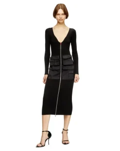 Geripptes Midikleid mit Cargotaschen - Kleider - Damen - Schwarz