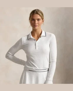 Geripptes Slim-Fit Langarm-Poloshirt White