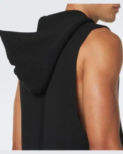 Geripptes Tanktop aus Schurwolle mit Kapuze Schwarz